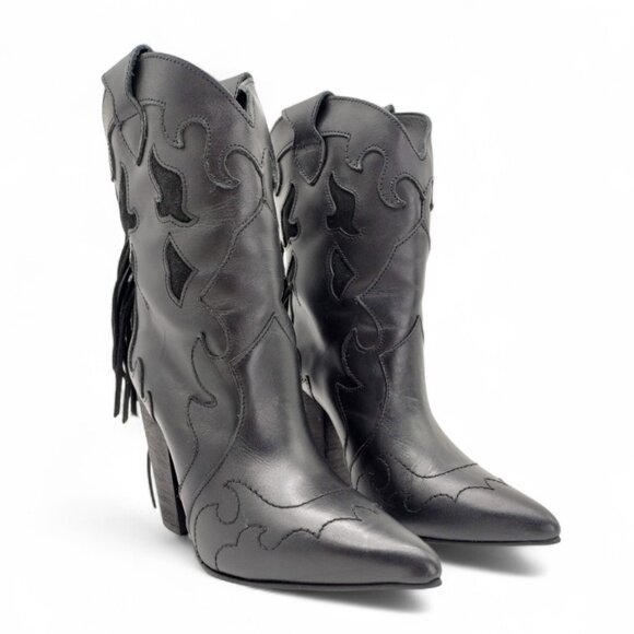 Dingo Women's Size 7 M Black Lady's Night Fringe Leather Western Ankle Booties - Picture 2 of 13